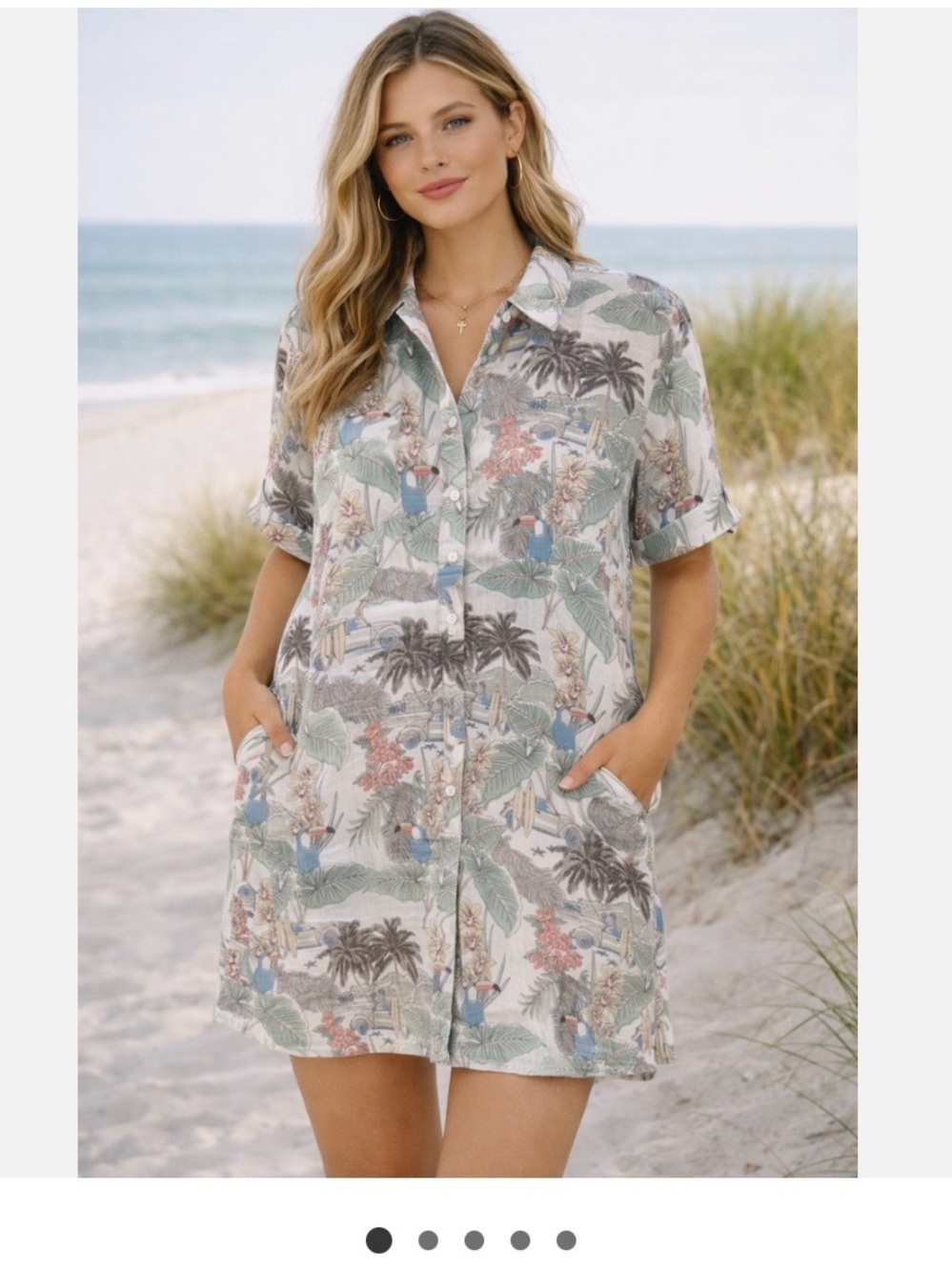 Rachel Zoe Palm Print Linen Shirt Dress in Soft Green and Blue